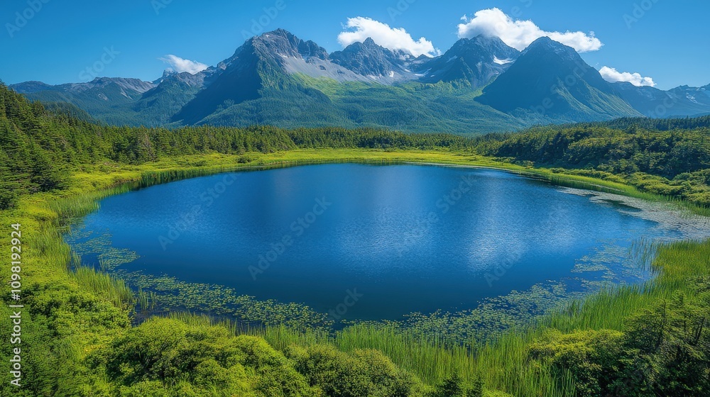 Fototapeta premium A serene mountain lake surrounded by lush greenery and towering peaks under a clear blue sky.