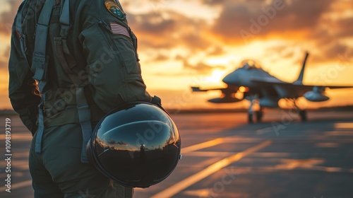 Pilot in Flight Suit with Helmet and Fighter Jet in Background - Military Aviation Concept Generative AI photo