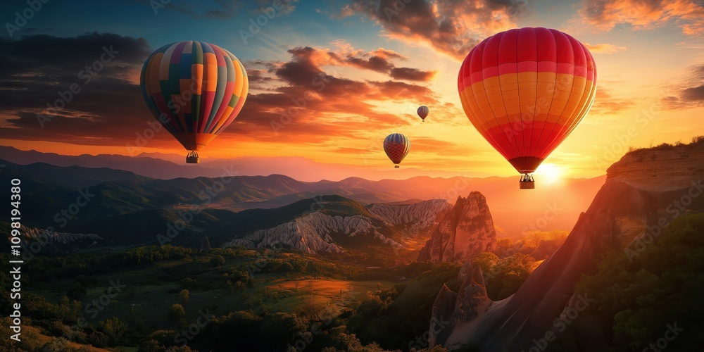 Fototapeta premium Colorful hot air balloons soar over a stunning desert landscape at sunset. created by ai