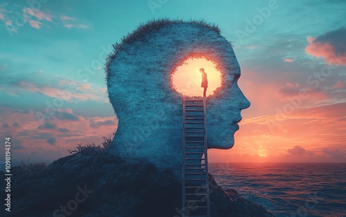 Mental health and wellbeing concept, ladder leading into a persons head, symbolizing imagination, personal growth, introspection, creative journey, mental clarity