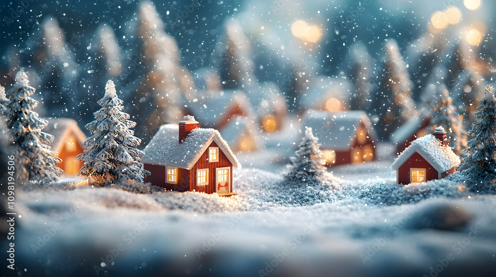 Naklejka premium Snow Covered Village Houses Winter Scene Lights