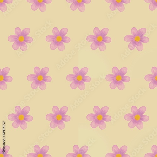 Pink flower seamless pattern on yellow background.