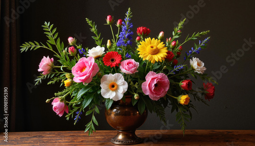 Mixed flower bouquet in ceramic vase on wooden table