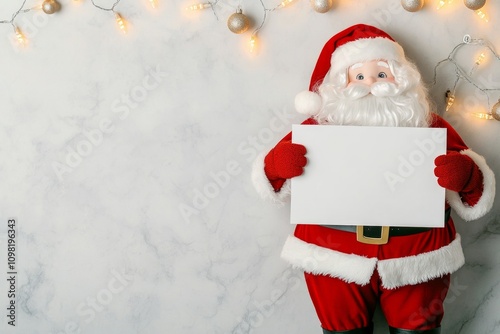 Minimalist Santa character holding a blank sign on a reflective table with holiday lights photo