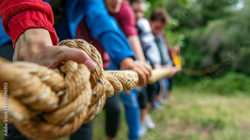 A strong team engages in tug-of-war, symbolizing unity, collaboration and collective effort, showcasing the power of working together towards a shared goal with determination. photo