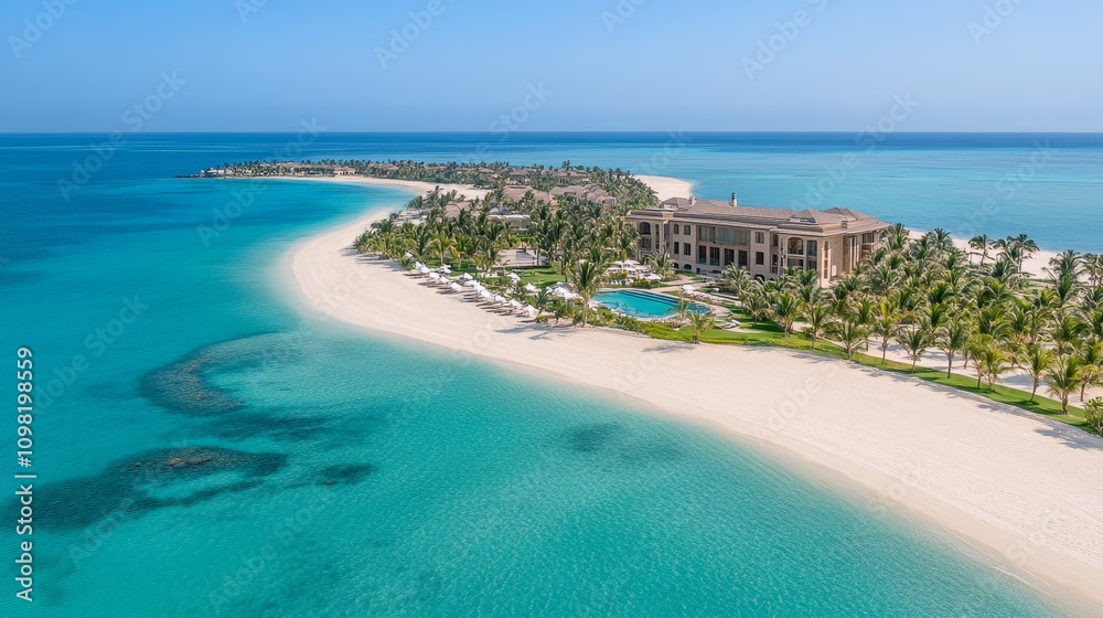 Fototapeta premium Aerial view of a luxurious beach resort with white sand and turquoise waters.