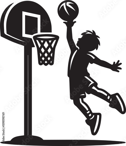 Child Jumping to Shoot a Basketball. A stylized black and white illustration of a young kid mid-jump, shooting a basketball towards a hoop.