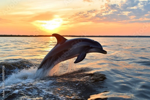 Aquatic dolphin breaching the surface, with water splashing and a vibrant sunset in the background photo