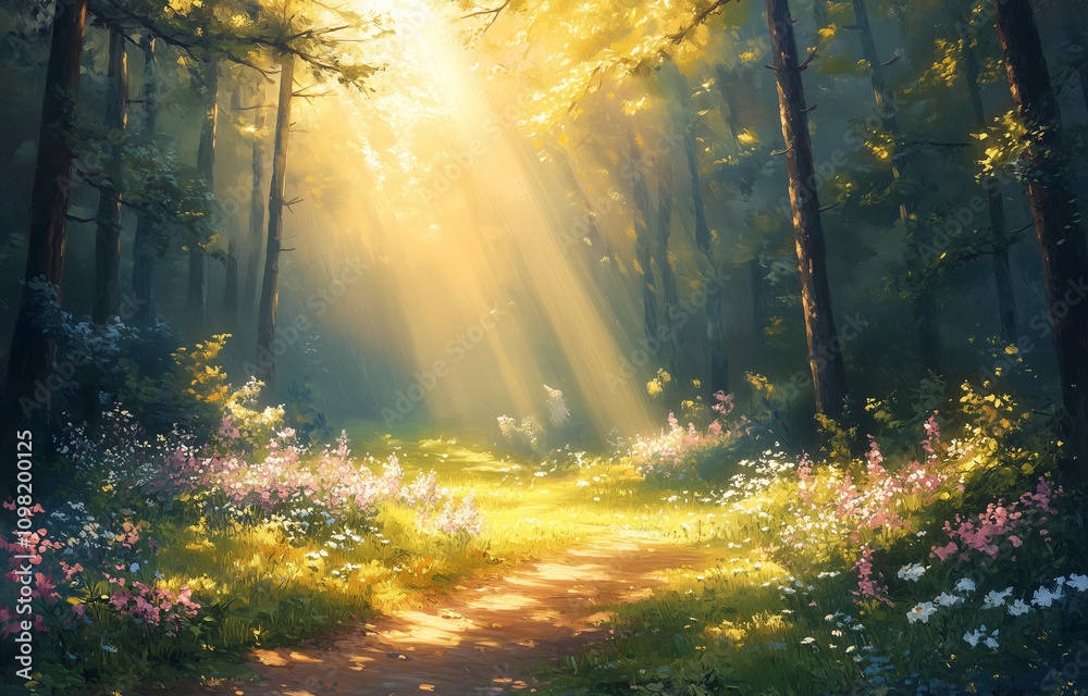 Obraz premium Serene forest clearing bathed in golden sunlight with vibrant wildflowers and tall trees, creating a tranquil and idyllic natural scene.