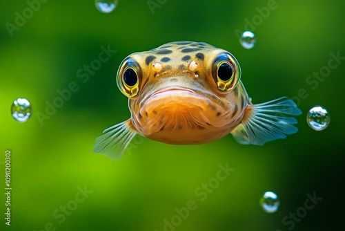 Aquatic pufferfish expanding defensively, surrounded by tiny bubbles and floating seaweed photo