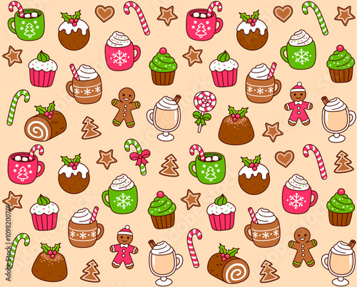Seamless pattern of traditional Christmas food: desserts, drinks, cookies and sweets. Cute hand drawn doodles,  cartoon vector background illustration.