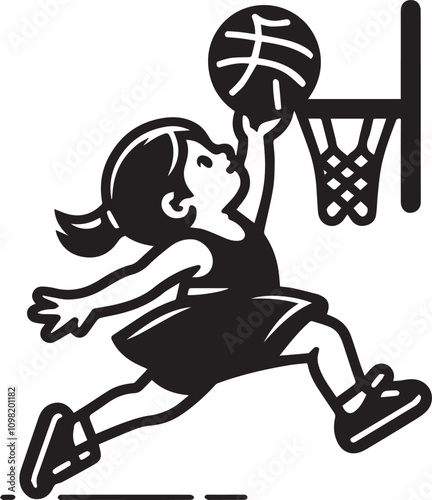 Child Jumping to Shoot a Basketball. A stylized black and white illustration of a young kid mid-jump, shooting a basketball towards a hoop.