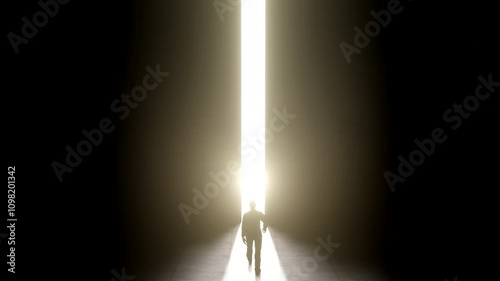 Man walking trough an opening wall in a dark room with bright light in background, 3D Animation in ProRes 422