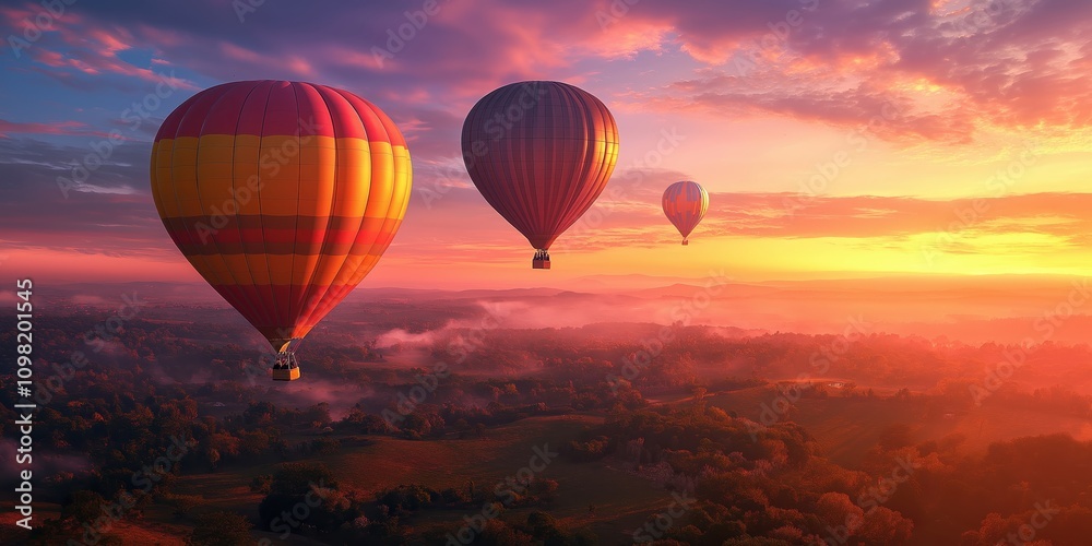Obraz premium Colorful hot air balloons soar over a stunning desert landscape at sunset. created by ai