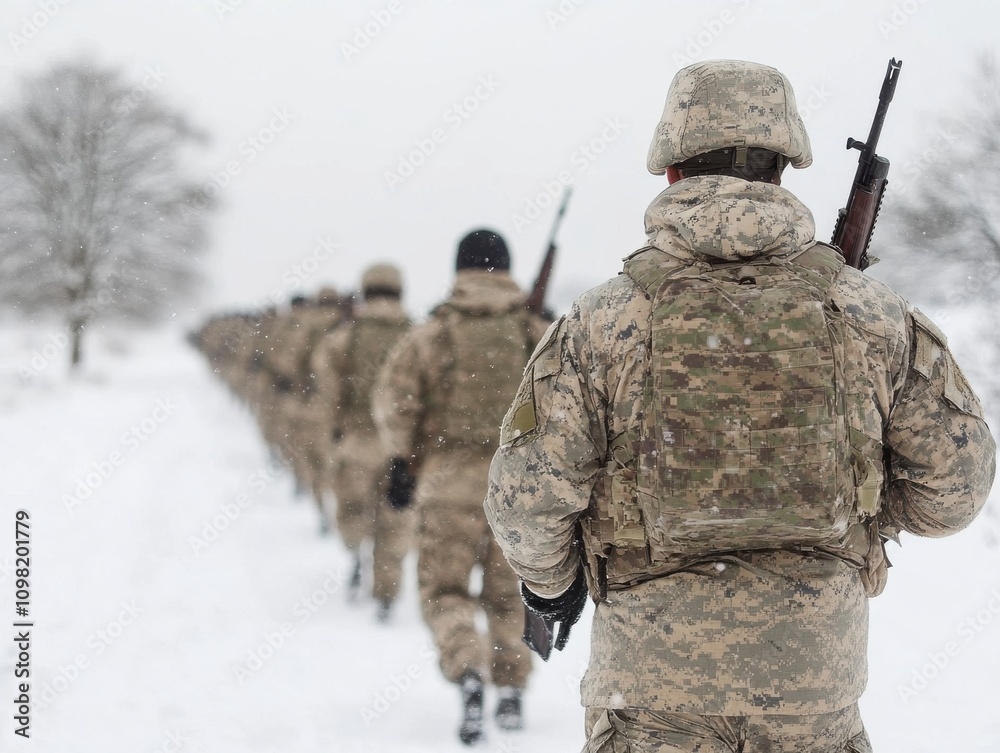 Fototapeta premium Soldiers marching through snow in military uniform, winter scene.