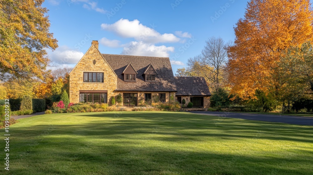 Fototapeta premium A picturesque stone house surrounded by autumn foliage and a well-maintained lawn.