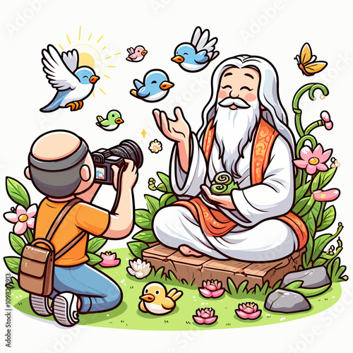 Man in meditation and photographer