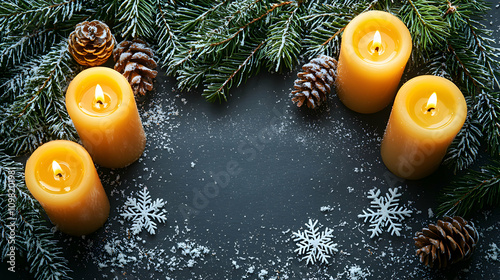 Festive Winter Candles Pine Branches and Snowflakes