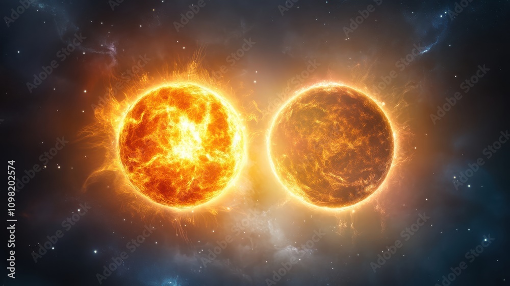 Obraz premium A vibrant depiction of two suns glowing in a cosmic space, showcasing their fiery surfaces and surrounding stars.