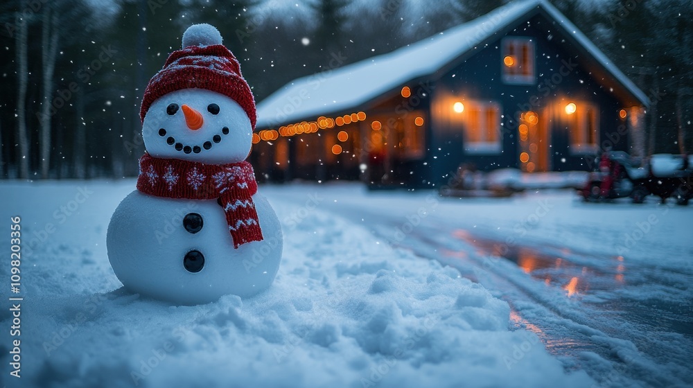 Obraz premium A snowman stands in the snowy yard of a cozy cabin with lights on.