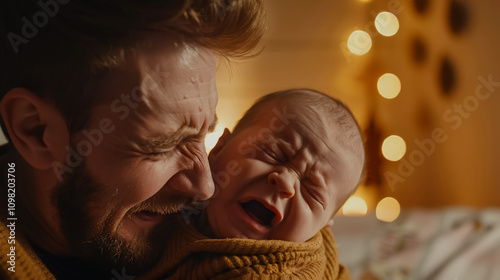 Young dad cannot stand baby crying.