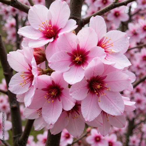Cherry blossoms blooming on branches in spring