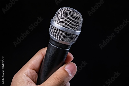 Hyper-realistic depiction of a hand holding a microphone, poised to ask a question, with fine details of texture and lighting photo