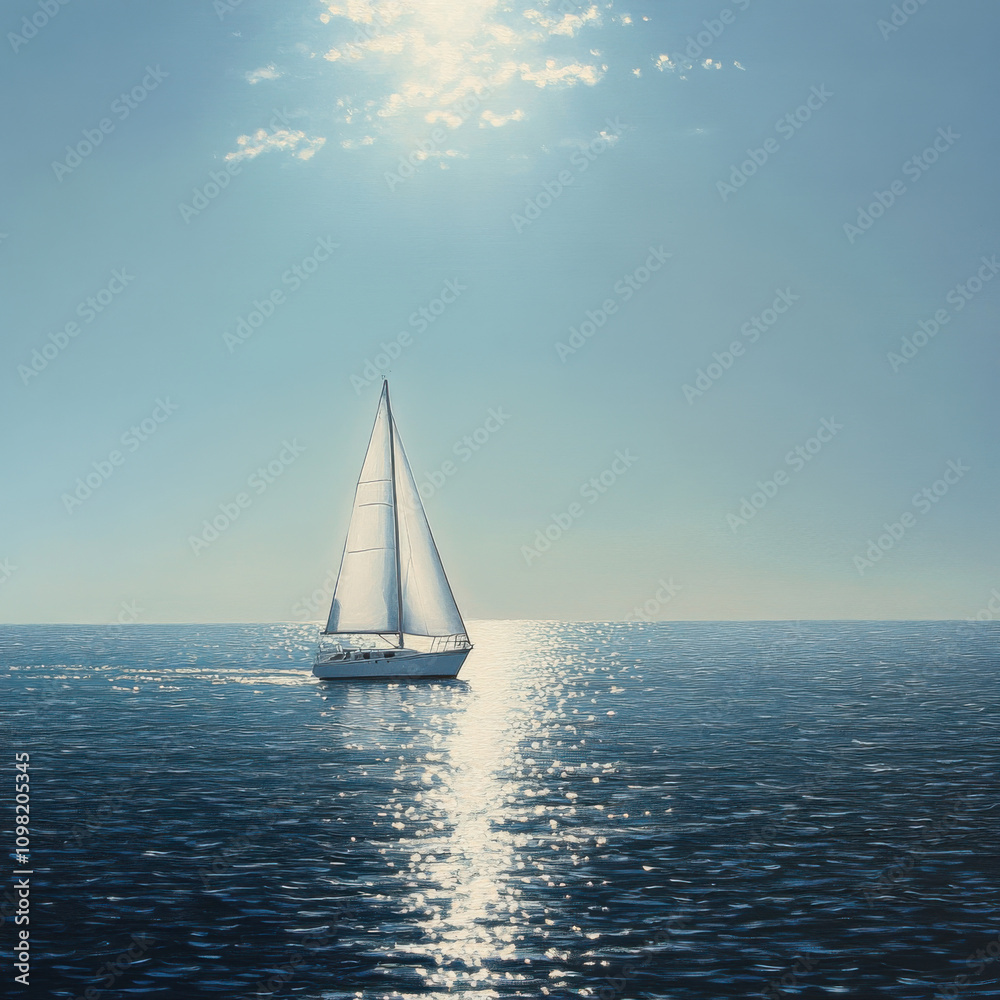 Obraz premium Serene Sailboat Gliding Over Sparkling Blue Ocean Under Bright Sunlight with Gentle Clouds in the Clear Sky