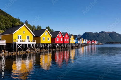 Nordic architecture of a coastal fishing village, with colorful wooden houses lining the fjord