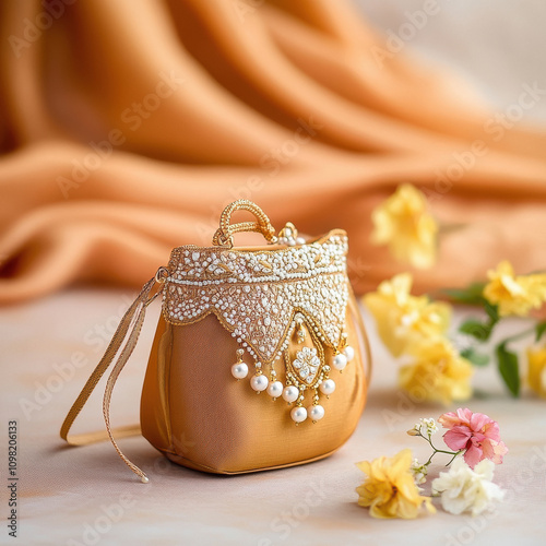 A beautiful potli bag with pearl work, and a golden dupatta photo