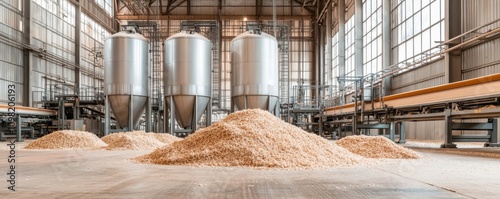 Industrial facility with silos and grain piles on the floor.