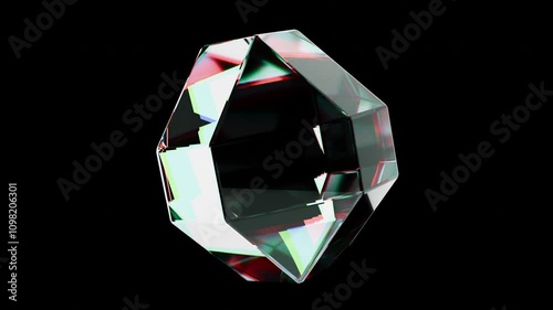 3d glass iridescent gem crystal shape with refraction and holographic effect isolated on black background. Render dispersion light. Looping 3d animation