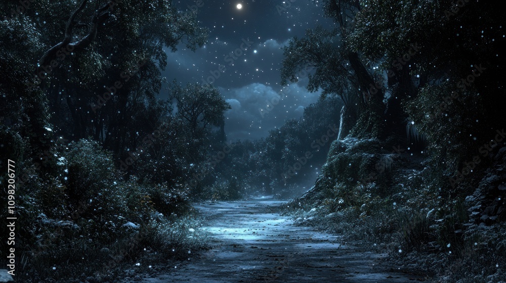Obraz premium A snowy path winds through a dark forest under a starry sky.