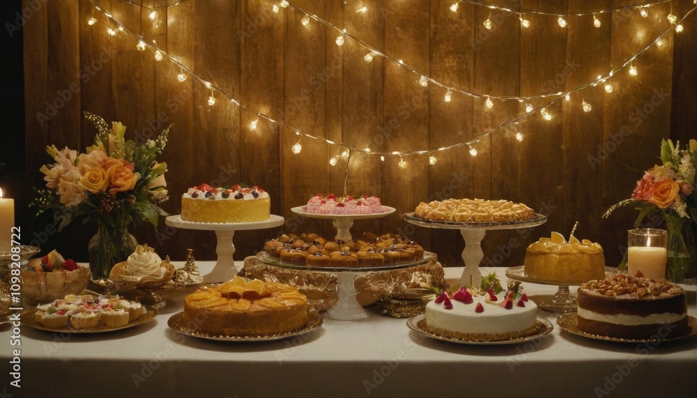 Fototapeta premium A festive spread of exotic desserts, cakes, and pastries arranged on a lavishly decorated table, surrounded by glowing string lights