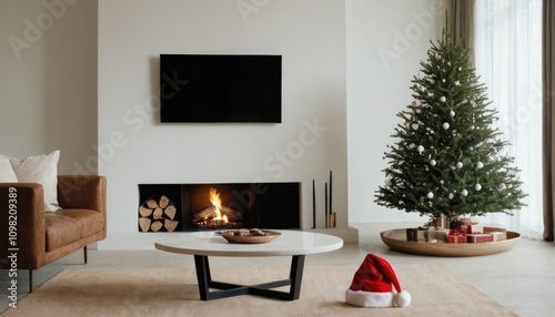 A minimalist Christmas scene with a single, elegant Christmas tree, a sleek modern fireplace, and a stylish Santa hat resting on a minimalist coffee table.