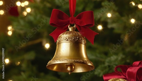 close-up of a golden Christmas bell, adorned with intricate details and hanging from a red velvet ribbon.