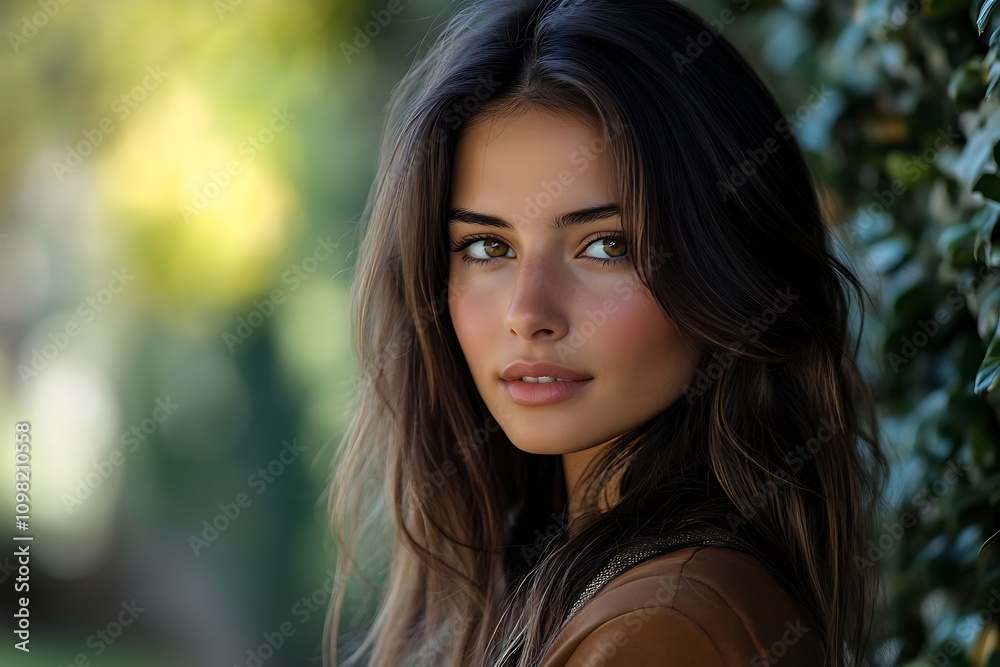 Naklejka premium Glowing Tan Skin, Brown Eyes Shoulder-Length Hair, Subtle Smile