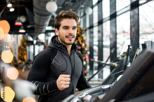 Focused athlete on treadmill, snow outside window, pushing limits photo