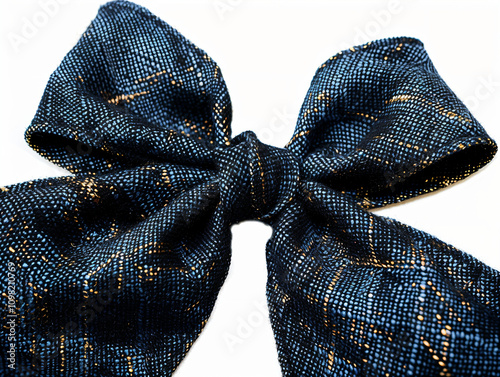 Black and Blue Woolen Fabric with a Ribbon Bow Isolated on a Clean Background, Featuring Luxurious Golden Threads, Provided in PNG Format for Easy Graphic Design Applications photo