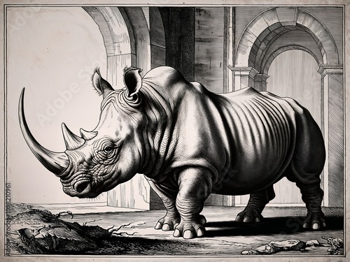 rhino in the sun, antique engraving.