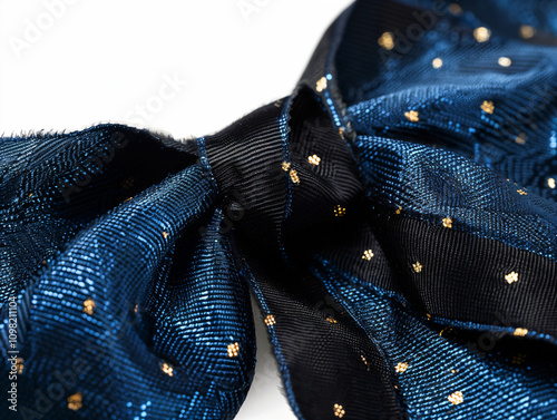 Black and Blue Woolen Fabric with a Ribbon Bow Isolated on a Clean Background, Featuring Luxurious Golden Threads, Provided in PNG Format for Easy Graphic Design Applications photo