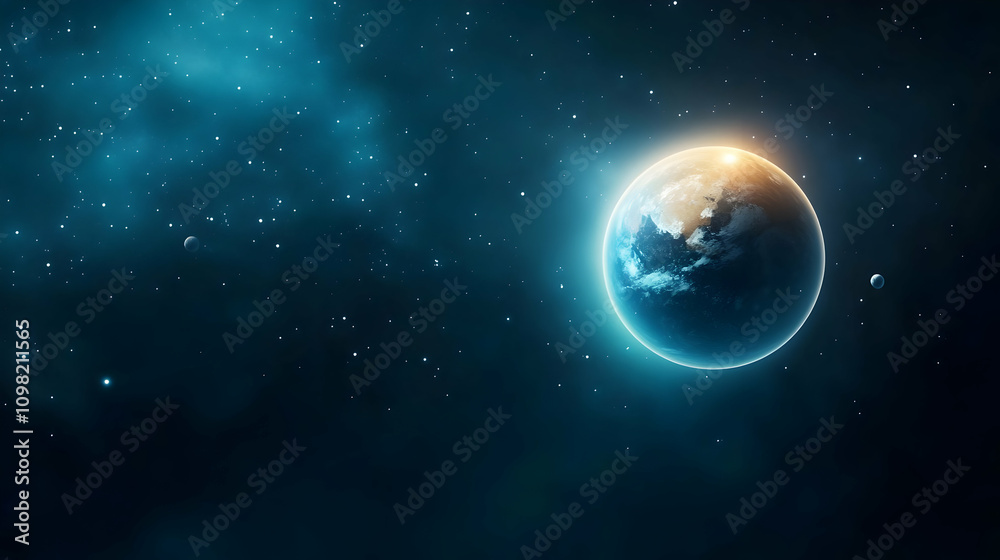 Fototapeta premium Earth from space with glowing atmosphere in starry universe background