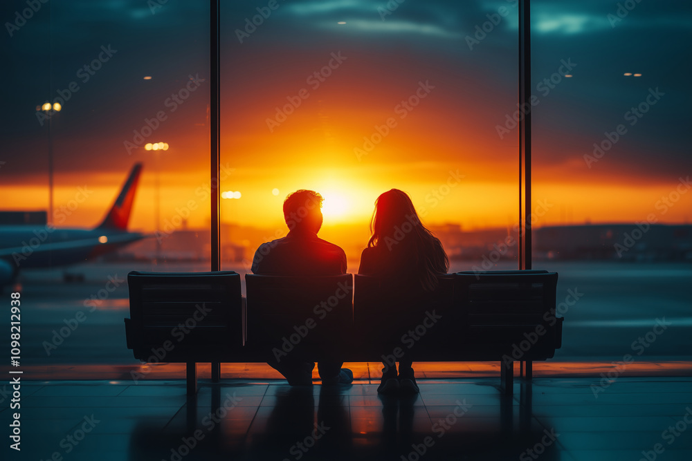 Obraz premium Couple enjoys a romantic sunset at the airport while waiting for their flight