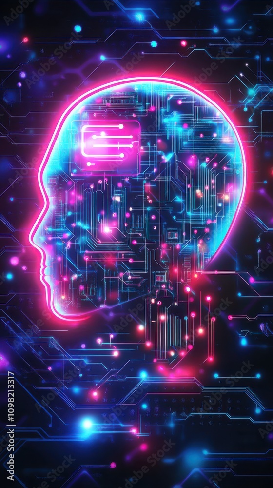 Fototapeta premium A vibrant digital representation of a human head, showcasing circuitry and glowing elements in bright neon colors.