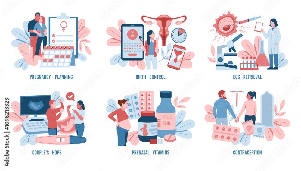 Fototapeta premium Family planning scenes. Pregnant women, gynecology, birth control, conception and gestation, reproductive function, happy man and woman, baby and doctor, tidy vector cartoon flat concept