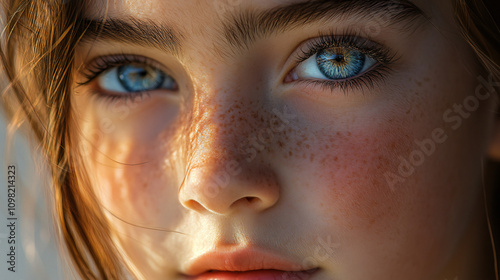 Close-up portrait highlighting the ephelides and captivating clear eyes of a young girl, bathed in warm natural sunlight photo