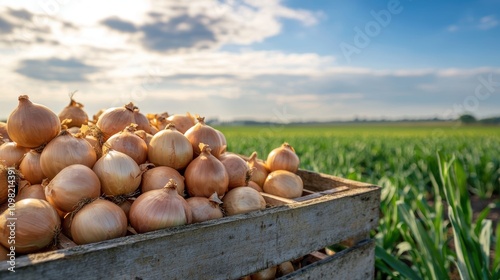 A wooden crate filled with freshly harvested onions, set against a vibrant green field and a bright blue sky, showcasing the beauty of agriculture.