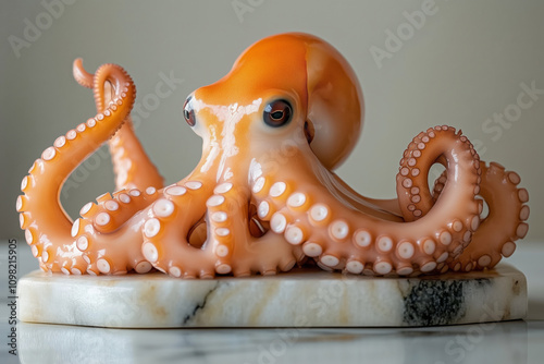 Delightful pickled little octopus artfully displayed on polished marble photo