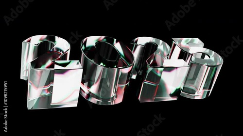 3d glass iridescent number 2025 New Year with refraction and holographic effect isolated on black background. Looping 3d animation render with overlay dispersion light