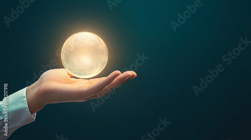 A hand gently holds a glowing, translucent sphere against a dark background, symbolizing mystery, potential, and futuristic possibilities. photo